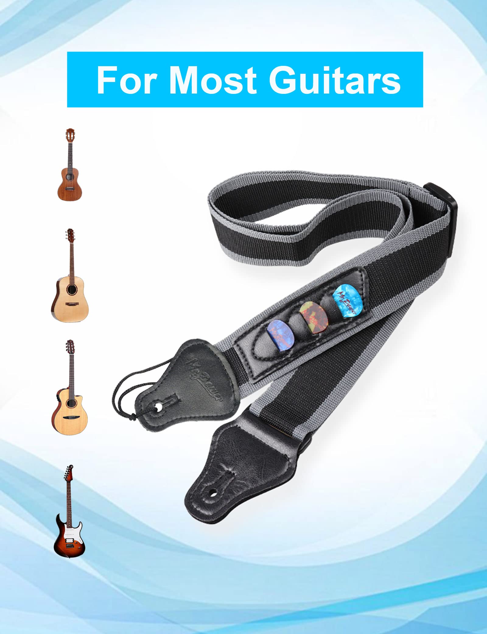Mr.Power Guitar Strap 36.6in - 65in with 3 Pick Holders for Electric/Acoustic (Nylon Strap with Accessories)